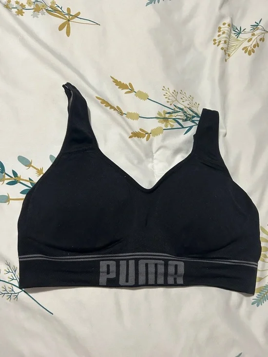 Puma Black Seamless Padded Sports Bra with Grey Logo Band - Picture 1 of 3
